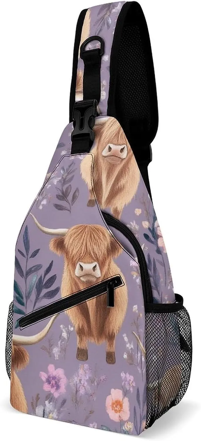 Supdreamc Casual Sling Bag Backpack, Daypack, Highland Cow Pink Flowers Art Shoulder Chest Crossbody Bag, Bookbag, Travel Backpack Camping Outdoor Bag for Man/Women/College