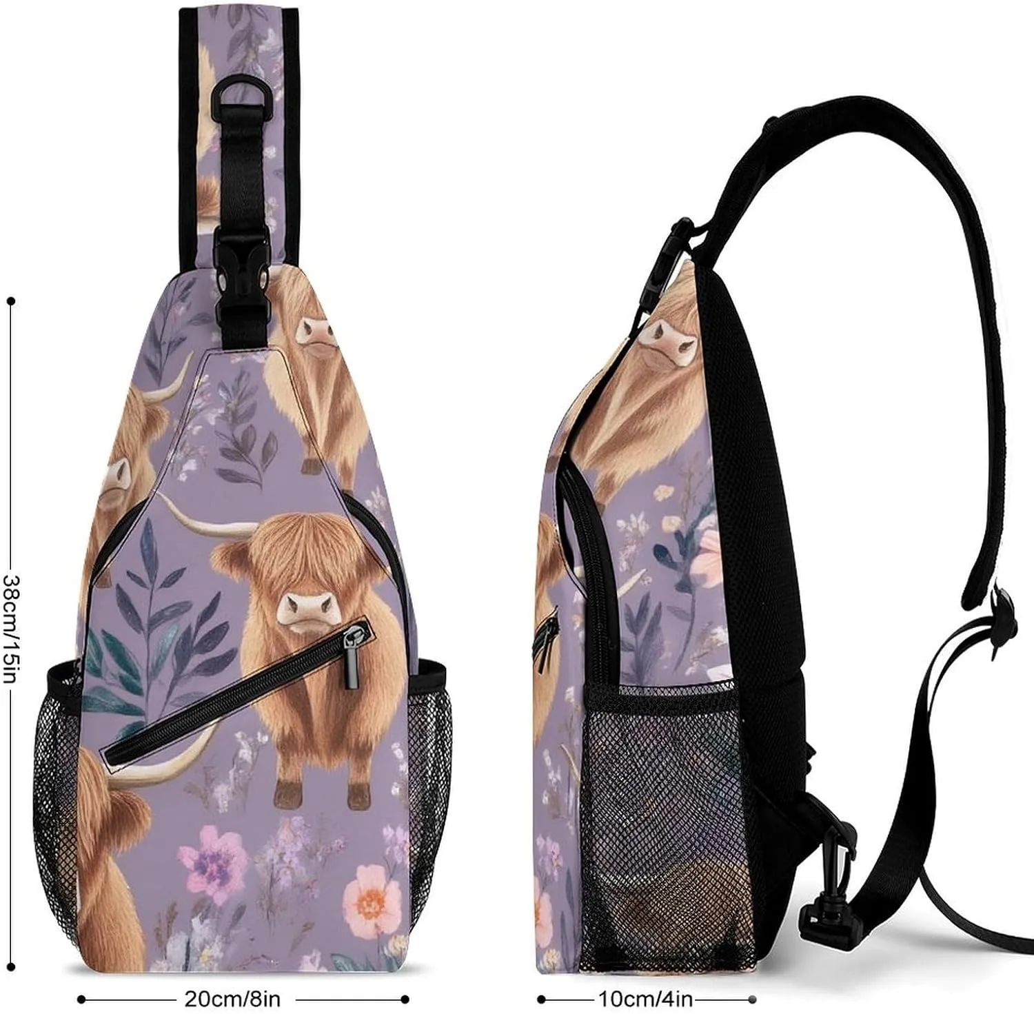 Supdreamc Casual Sling Bag Backpack, Daypack, Highland Cow Pink Flowers Art Shoulder Chest Crossbody Bag, Bookbag, Travel Backpack Camping Outdoor Bag for Man/Women/College