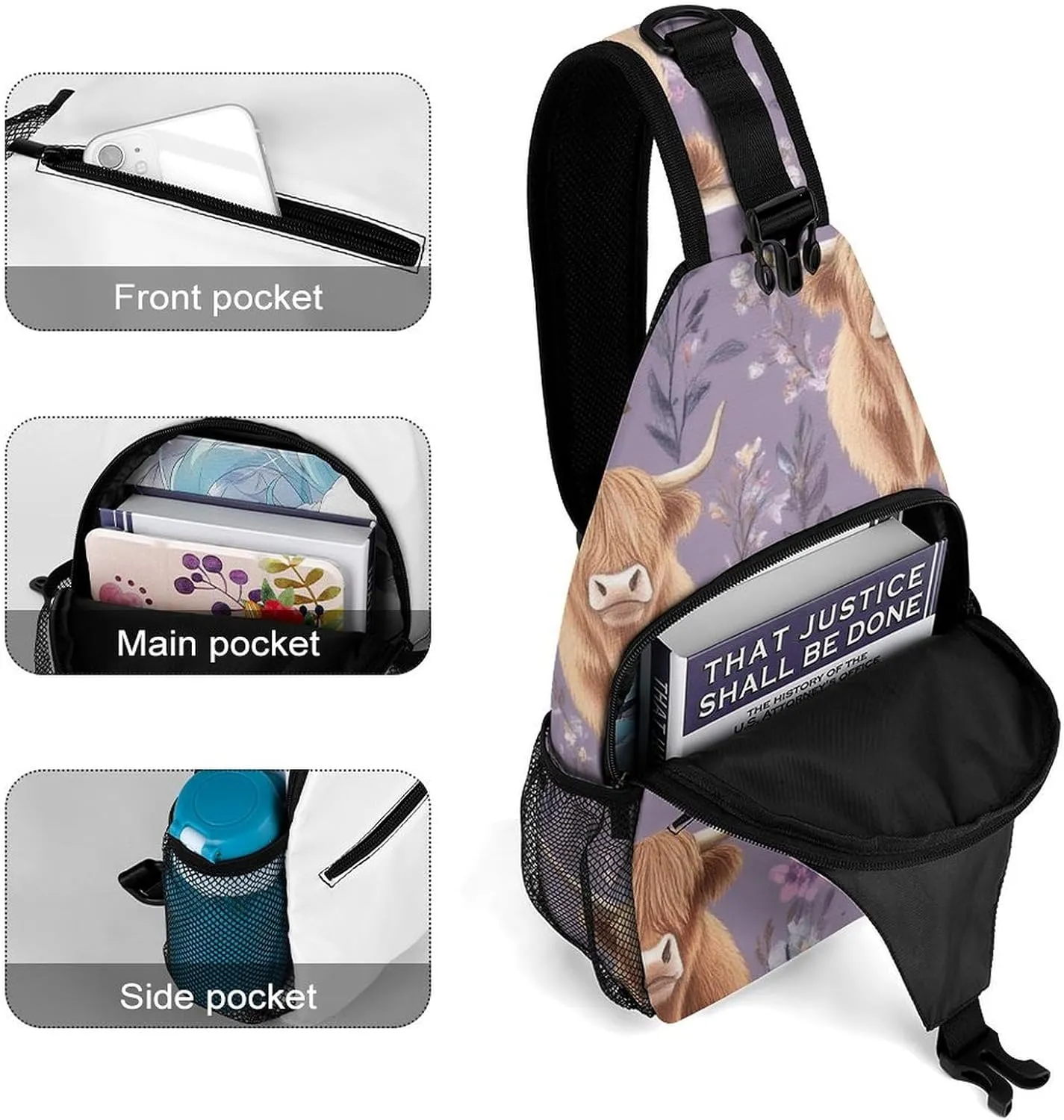 Supdreamc Casual Sling Bag Backpack, Daypack, Highland Cow Pink Flowers Art Shoulder Chest Crossbody Bag, Bookbag, Travel Backpack Camping Outdoor Bag for Man/Women/College