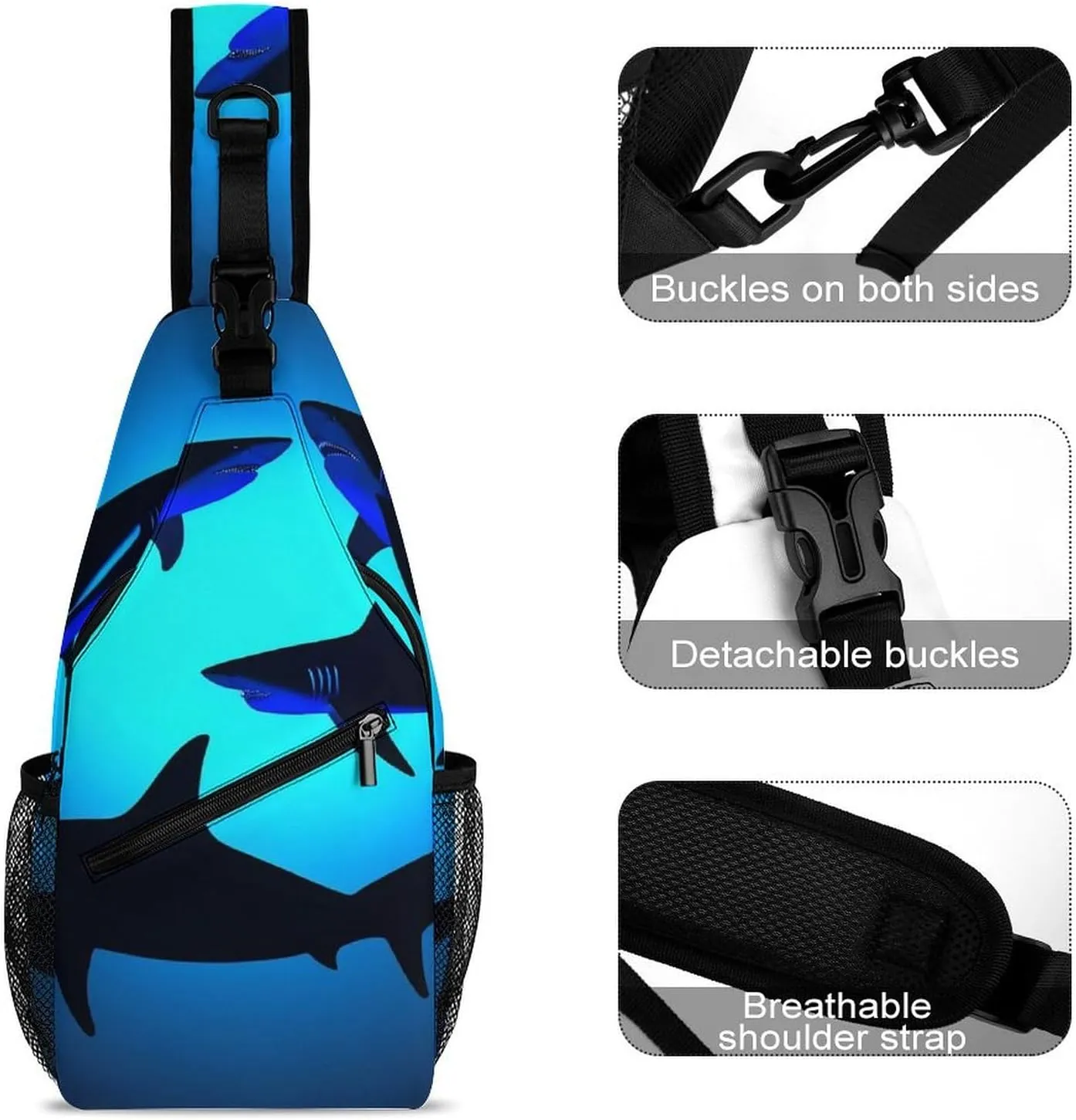 Supdreamc Casual Sling Bag Backpack, Daypack, Ocean Blue Sea Floating Sharks Shoulder Chest Crossbody Bag, Bookbag, Travel Backpack Camping Outdoor Bag for Man/Women/College