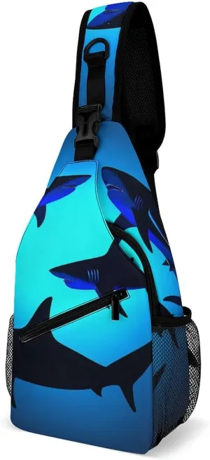 Supdreamc Casual Sling Bag Backpack, Daypack, Ocean Blue Sea Floating Sharks Shoulder Chest Crossbody Bag, Bookbag, Travel Backpack Camping Outdoor Bag for Man/Women/College