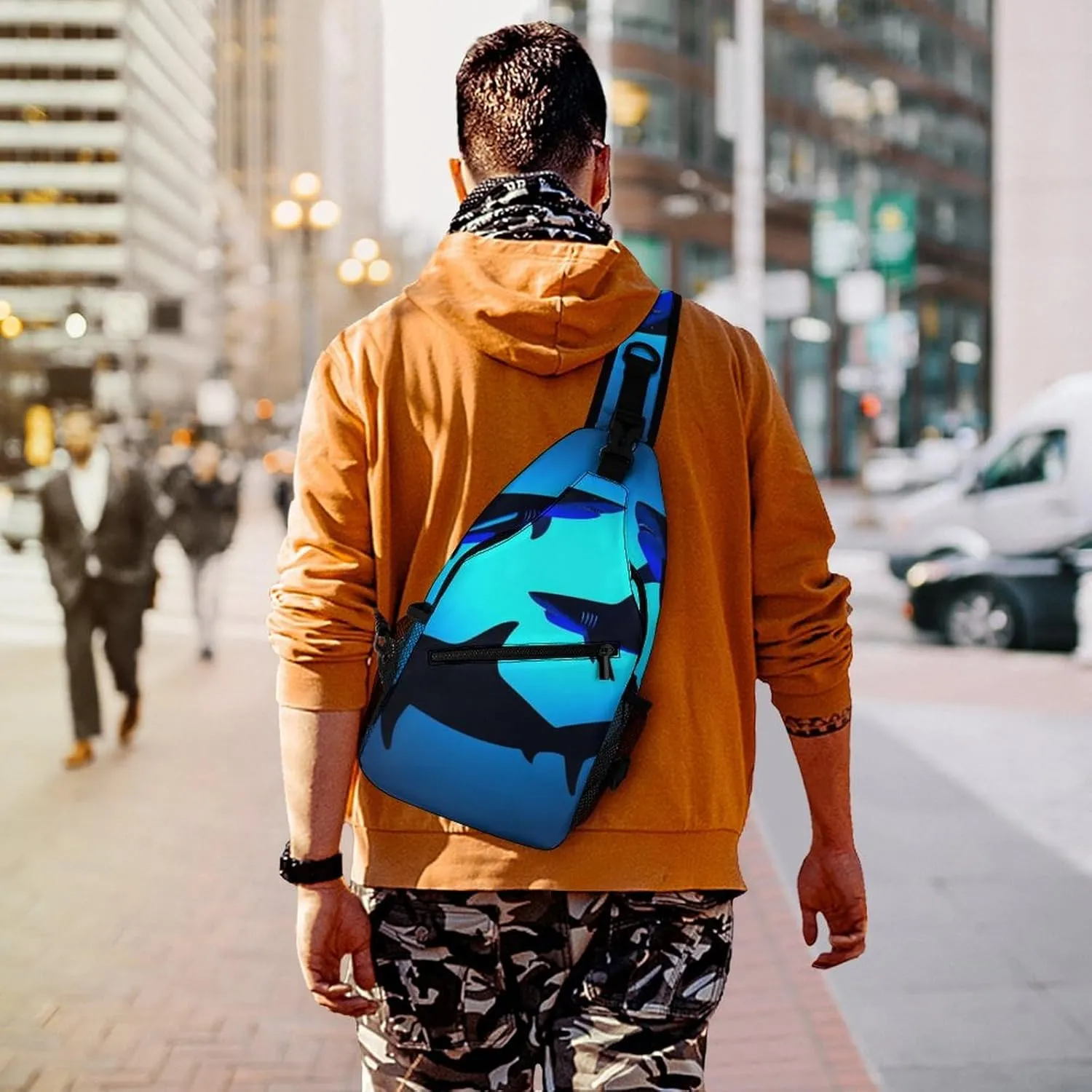 Supdreamc Casual Sling Bag Backpack, Daypack, Ocean Blue Sea Floating Sharks Shoulder Chest Crossbody Bag, Bookbag, Travel Backpack Camping Outdoor Bag for Man/Women/College