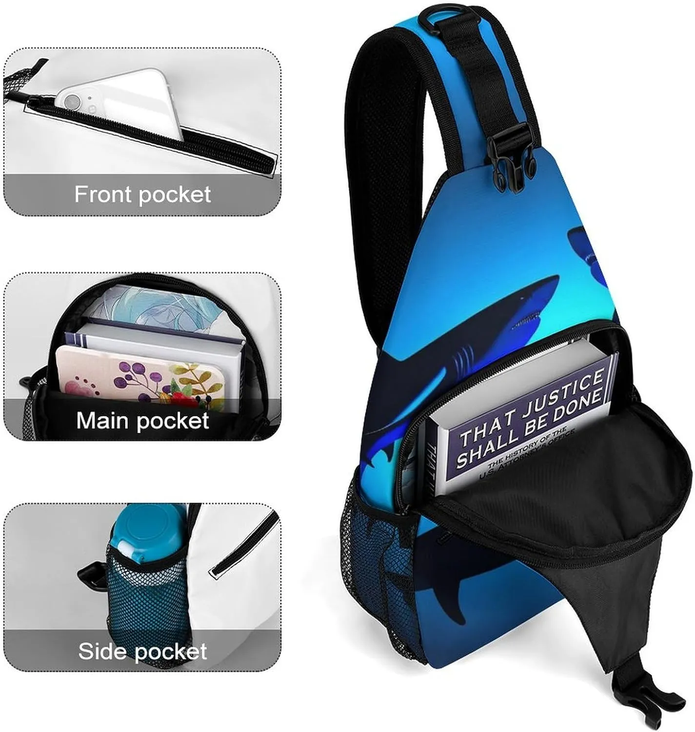 Supdreamc Casual Sling Bag Backpack, Daypack, Ocean Blue Sea Floating Sharks Shoulder Chest Crossbody Bag, Bookbag, Travel Backpack Camping Outdoor Bag for Man/Women/College
