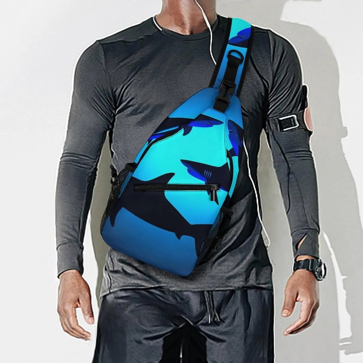 Supdreamc Casual Sling Bag Backpack, Daypack, Ocean Blue Sea Floating Sharks Shoulder Chest Crossbody Bag, Bookbag, Travel Backpack Camping Outdoor Bag for Man/Women/College