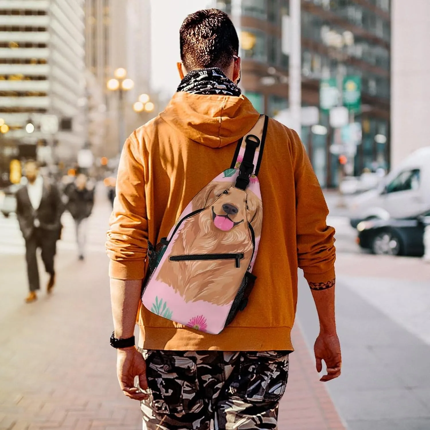 Supdreamc Men & Women Outdoor Sport Daypack Travel Bag, Cute Golden Retriever Dog Pink Sling Backpack Rucksack for Travel Hiking - Small Tool Backpack Bag Rucksack