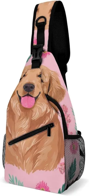 Supdreamc Men & Women Outdoor Sport Daypack Travel Bag, Cute Golden Retriever Dog Pink Sling Backpack Rucksack for Travel Hiking - Small Tool Backpack Bag Rucksack