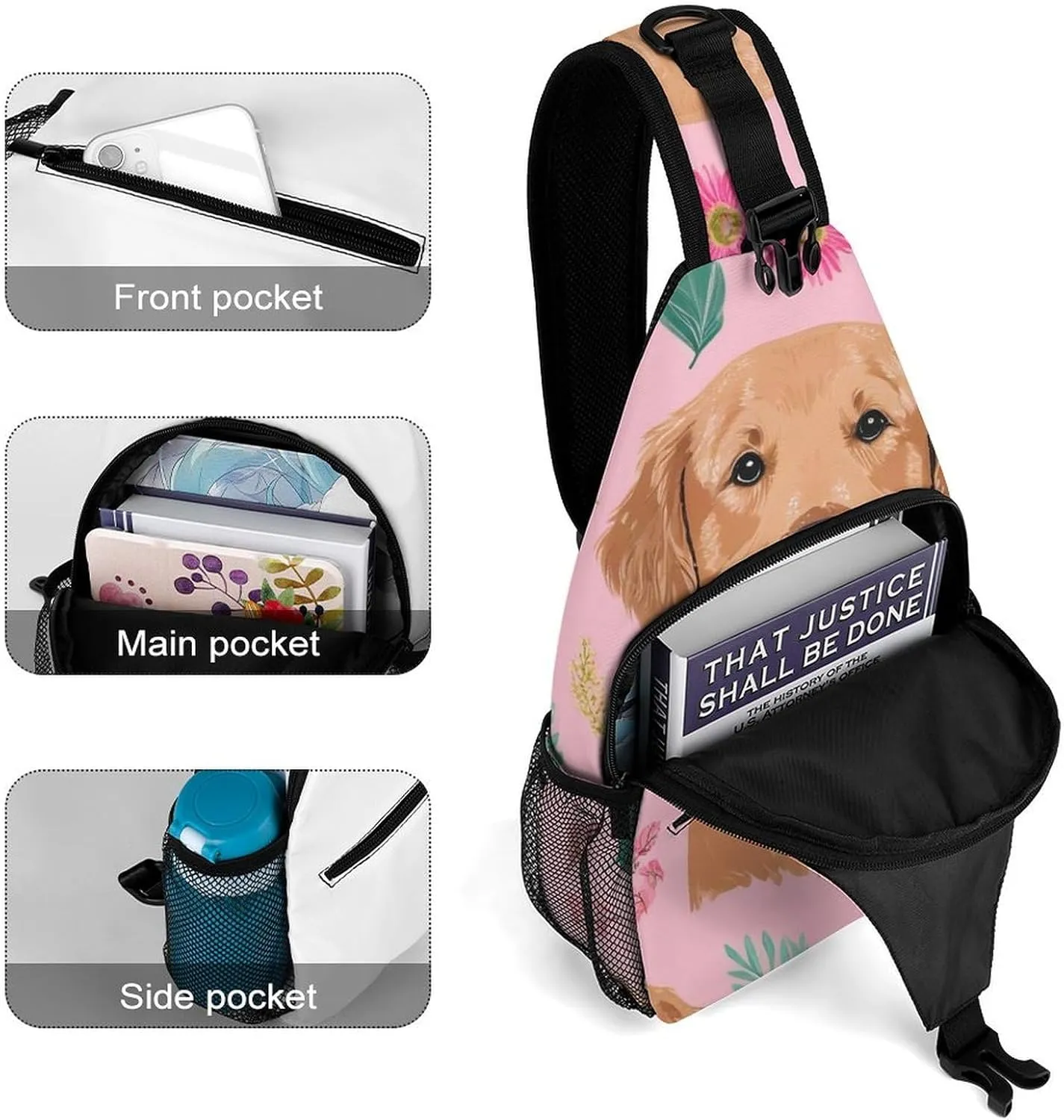 Supdreamc Men & Women Outdoor Sport Daypack Travel Bag, Cute Golden Retriever Dog Pink Sling Backpack Rucksack for Travel Hiking - Small Tool Backpack Bag Rucksack