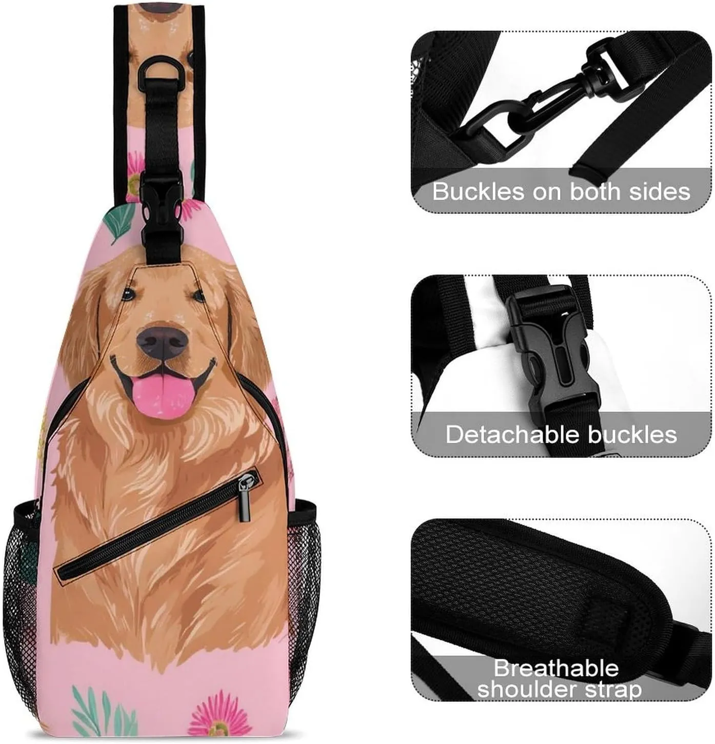 Supdreamc Men & Women Outdoor Sport Daypack Travel Bag, Cute Golden Retriever Dog Pink Sling Backpack Rucksack for Travel Hiking - Small Tool Backpack Bag Rucksack