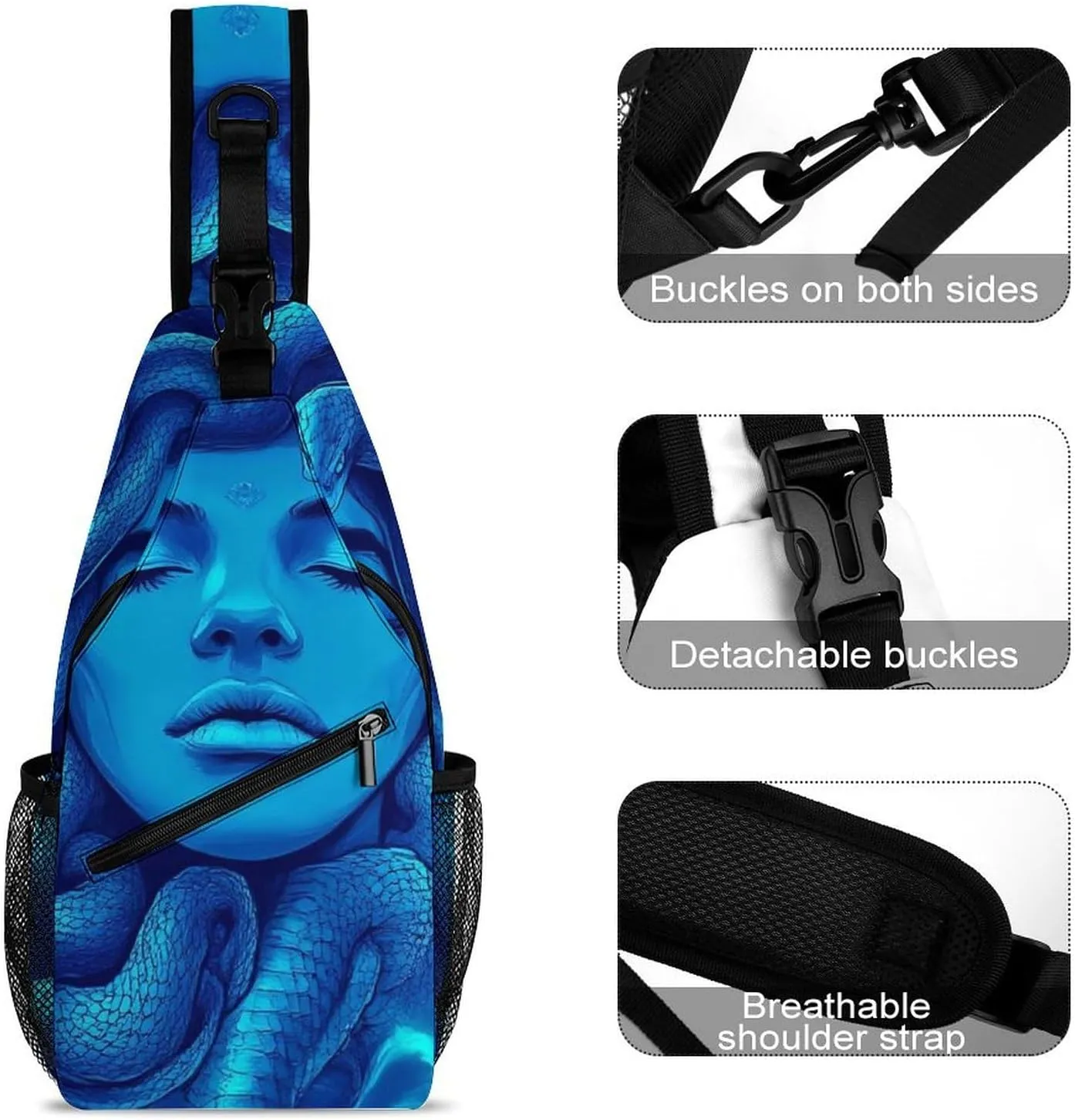 Supdreamc Men & Women Sling Backpack Outdoor Sport Daypack Travel Bag - Multipurpose Anti-Theft Carry On Bag, Breathable Chest Sling Shoulder Backpacks Bags, Greek Goddess Snake Queen Medusa Art Blue