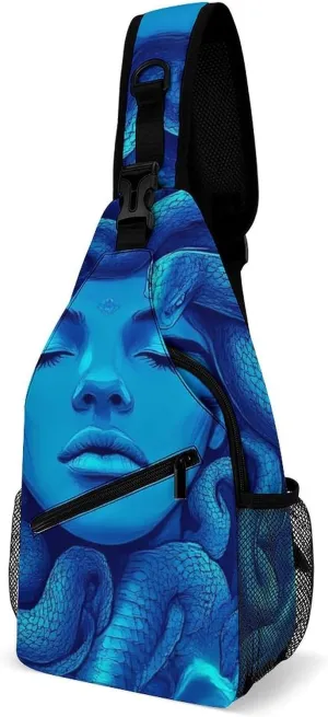 Supdreamc Men & Women Sling Backpack Outdoor Sport Daypack Travel Bag - Multipurpose Anti-Theft Carry On Bag, Breathable Chest Sling Shoulder Backpacks Bags, Greek Goddess Snake Queen Medusa Art Blue