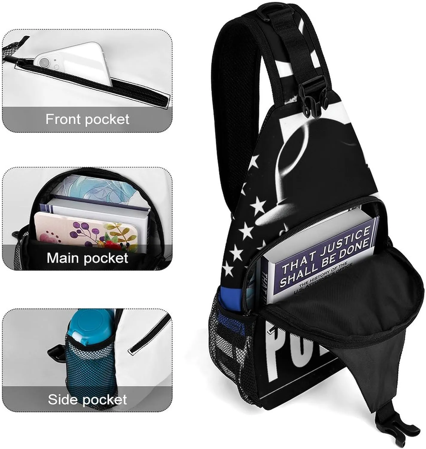 Supdreamc Men & Women Sling Backpack Satchel Bookbags Travel Rucksack Daypack - Multipurpose Anti-Theft Tool Backpack, Crossbody Chest Rucksack, America Thin Blue Line Flag Police