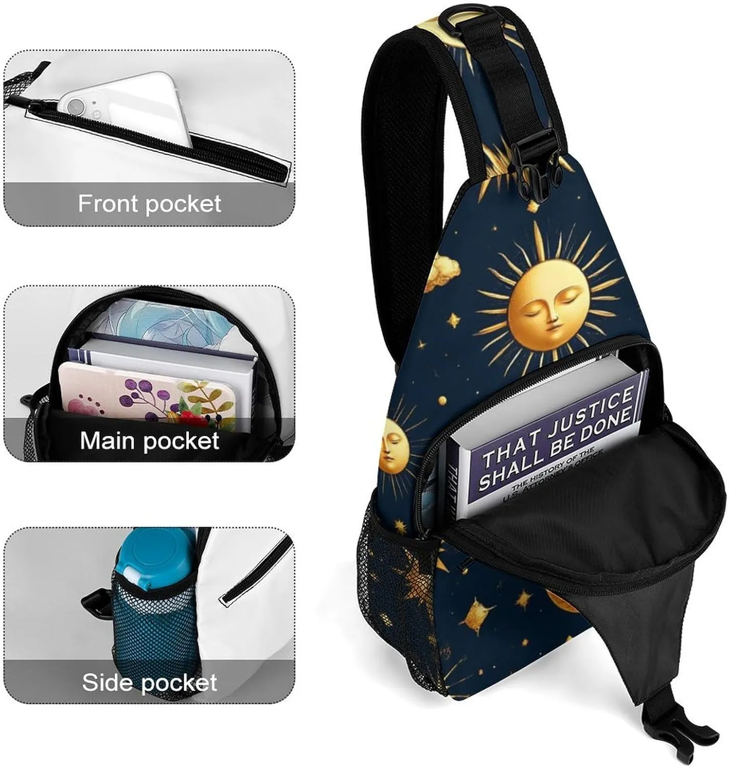Supdreamc Men & Women Sun Moon Boho Astrology Sling Bag Backpack Outdoor Sport Daypack Travel Bag - Multipurpose Anti-Theft Tactical Satchel, Unbalance Chest Bag Rucksack