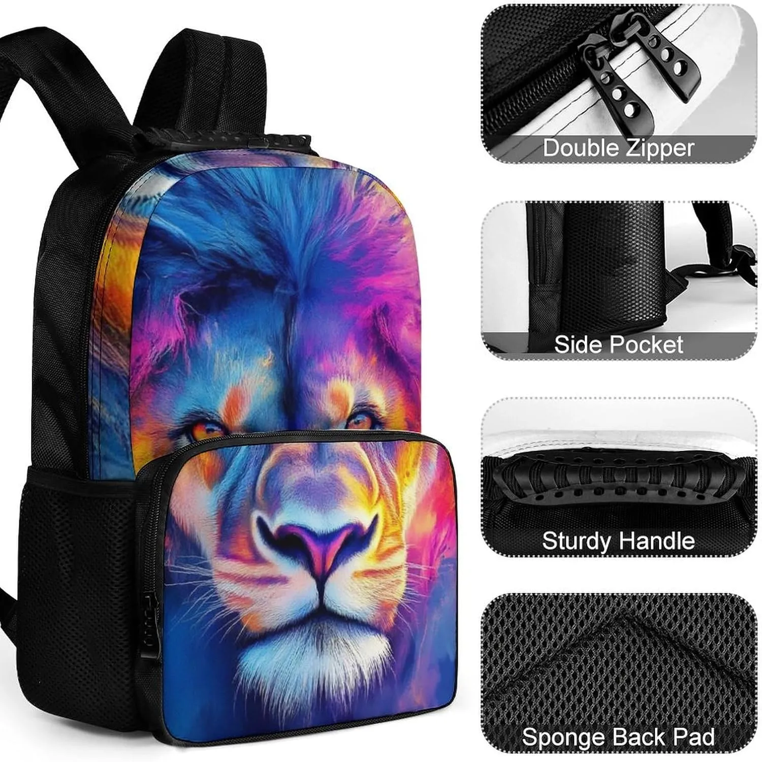 Supdreamc Men Women Lightweight Colorful Lion Watercolor Art Daypack Bookbag Big Capacity Carry On Bag With Side Pockets for Camping Travel Bicycle