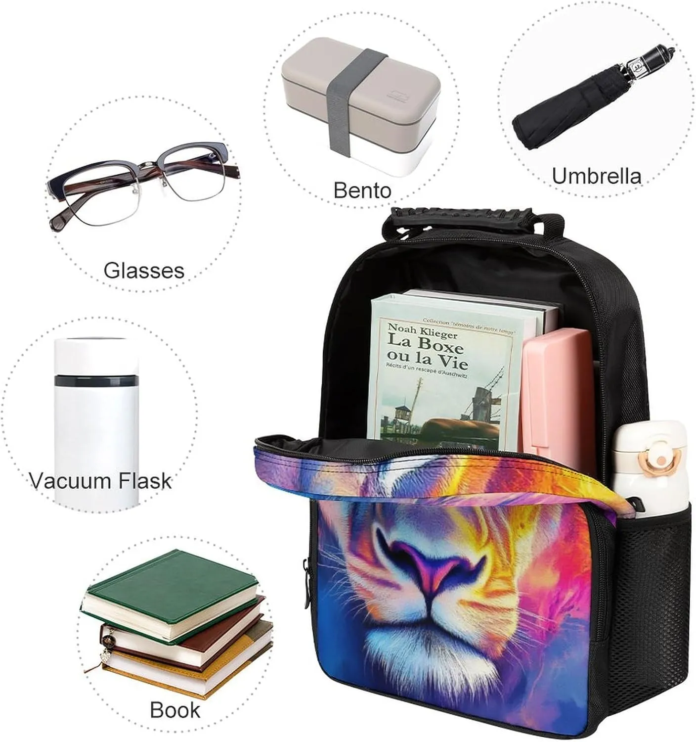 Supdreamc Men Women Lightweight Colorful Lion Watercolor Art Daypack Bookbag Big Capacity Carry On Bag With Side Pockets for Camping Travel Bicycle