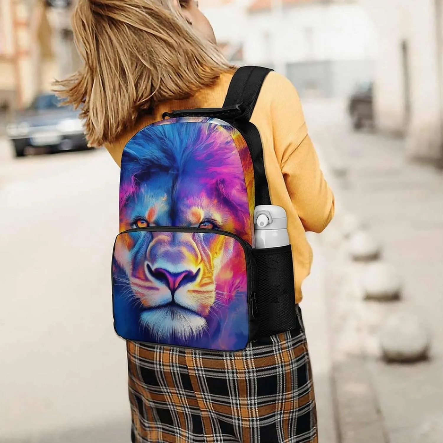 Supdreamc Men Women Lightweight Colorful Lion Watercolor Art Daypack Bookbag Big Capacity Carry On Bag With Side Pockets for Camping Travel Bicycle