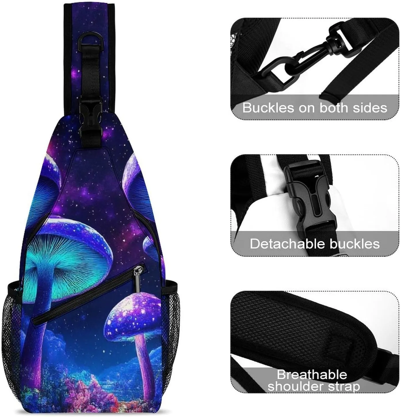 Supdreamc Men Women Sling Shoulder Backpack Foldable Unbalance Shoulder Chest Crossbody Bag - Trippy Mushroom Magical World Glowing Art Anti-Theft Multipurpose Rucksack Bookbag Backpack