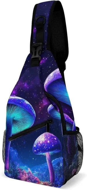 Supdreamc Men Women Sling Shoulder Backpack Foldable Unbalance Shoulder Chest Crossbody Bag - Trippy Mushroom Magical World Glowing Art Anti-Theft Multipurpose Rucksack Bookbag Backpack