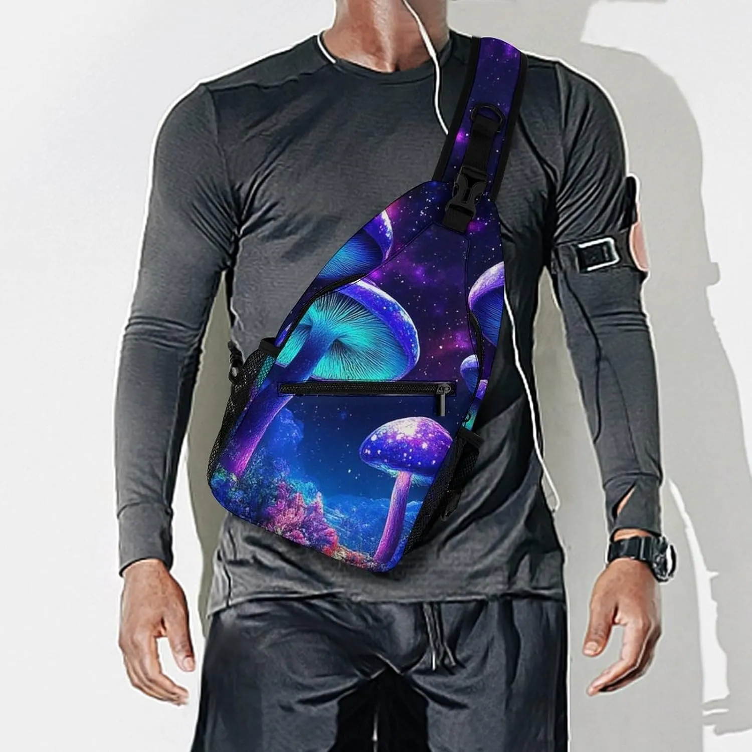 Supdreamc Men Women Sling Shoulder Backpack Foldable Unbalance Shoulder Chest Crossbody Bag - Trippy Mushroom Magical World Glowing Art Anti-Theft Multipurpose Rucksack Bookbag Backpack