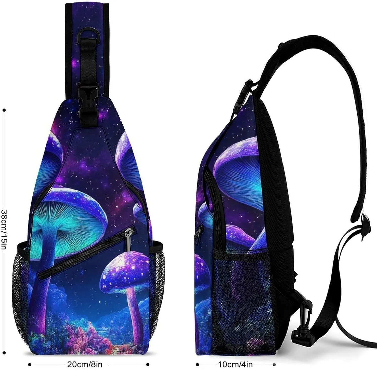 Supdreamc Men Women Sling Shoulder Backpack Foldable Unbalance Shoulder Chest Crossbody Bag - Trippy Mushroom Magical World Glowing Art Anti-Theft Multipurpose Rucksack Bookbag Backpack