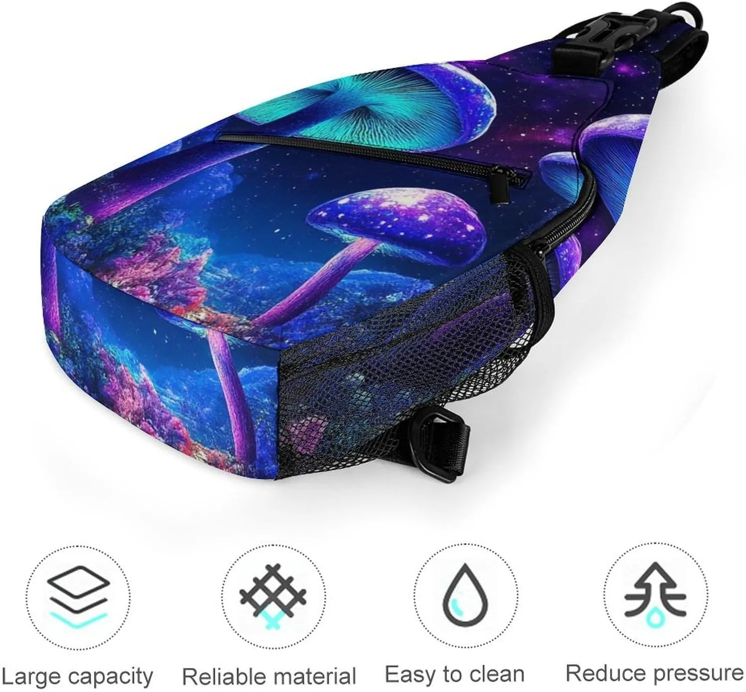 Supdreamc Men Women Sling Shoulder Backpack Foldable Unbalance Shoulder Chest Crossbody Bag - Trippy Mushroom Magical World Glowing Art Anti-Theft Multipurpose Rucksack Bookbag Backpack