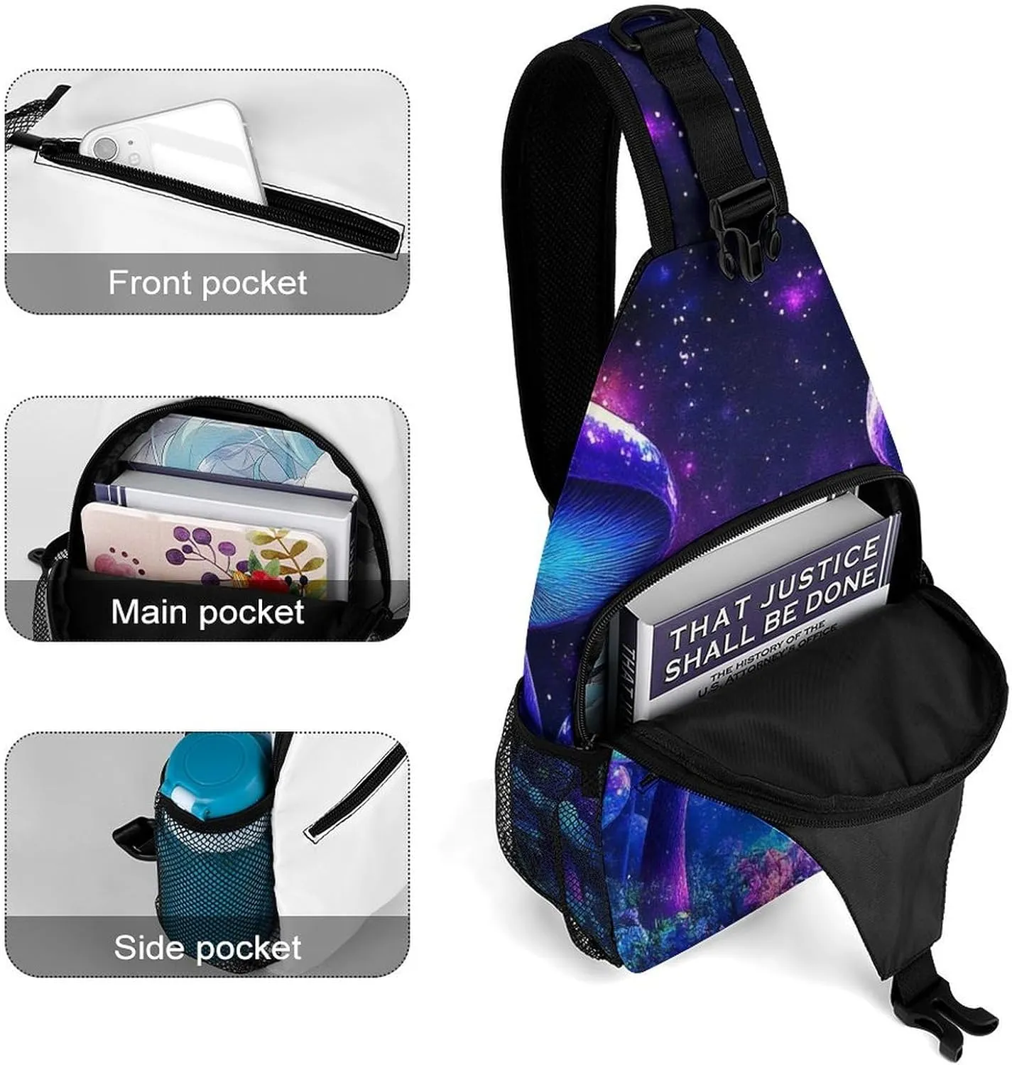 Supdreamc Men Women Sling Shoulder Backpack Foldable Unbalance Shoulder Chest Crossbody Bag - Trippy Mushroom Magical World Glowing Art Anti-Theft Multipurpose Rucksack Bookbag Backpack