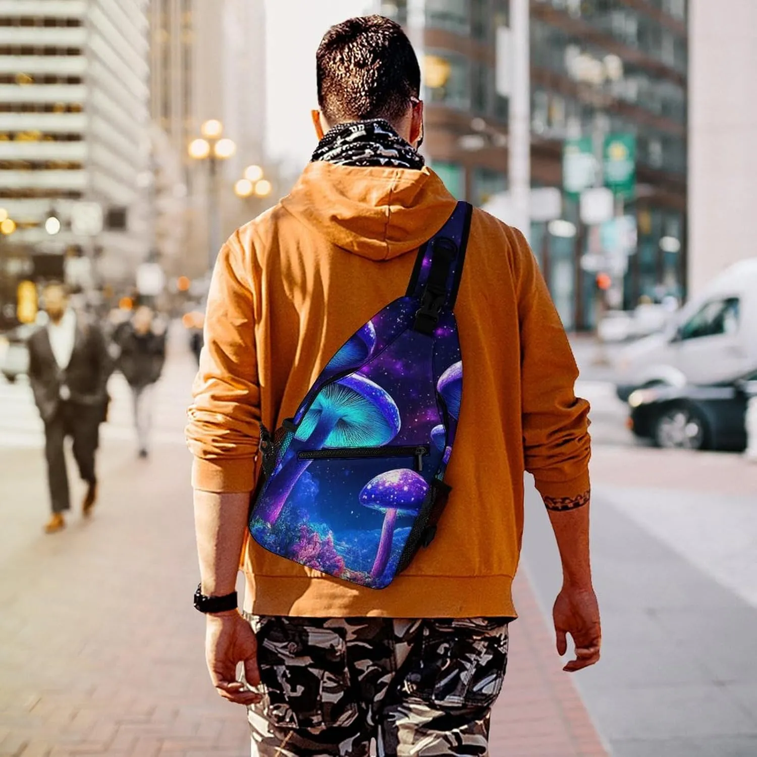 Supdreamc Men Women Sling Shoulder Backpack Foldable Unbalance Shoulder Chest Crossbody Bag - Trippy Mushroom Magical World Glowing Art Anti-Theft Multipurpose Rucksack Bookbag Backpack