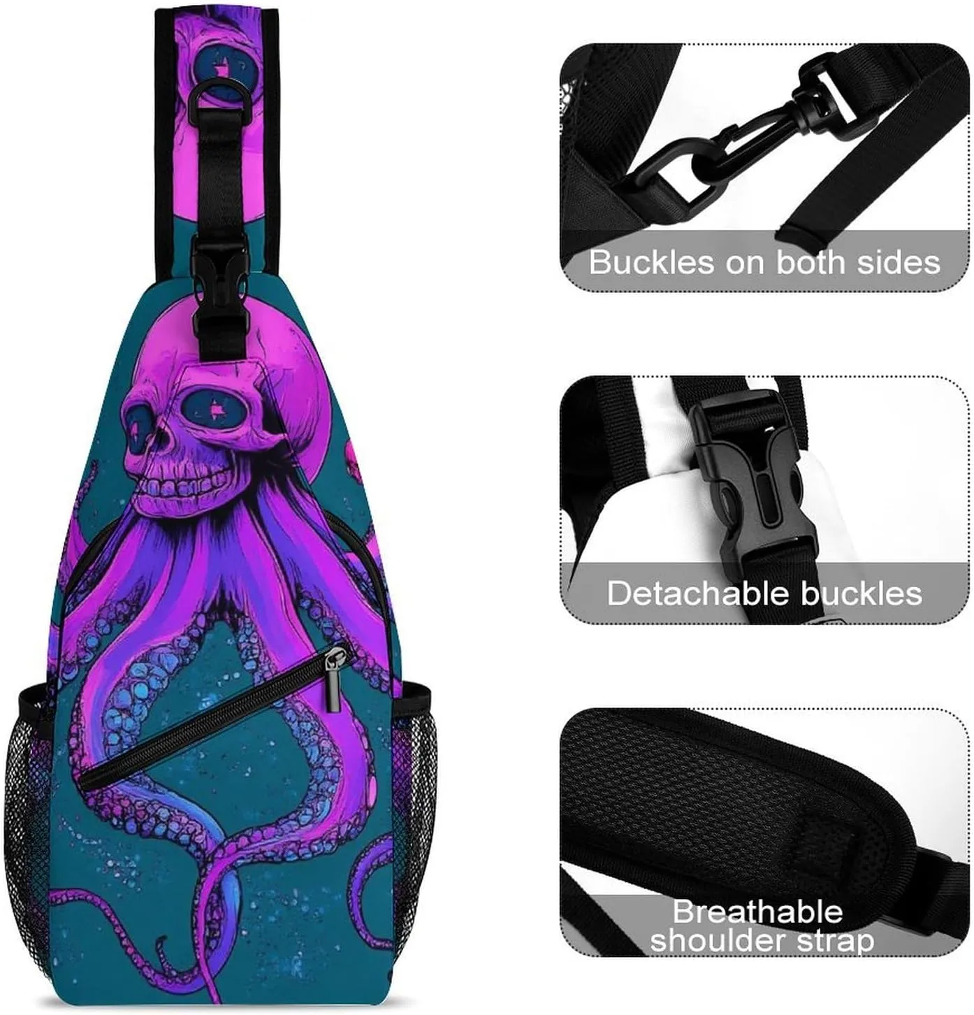 Supdreamc Men's Sling Bag Backpack Foldable Breathable Chest Sling Shoulder Backpacks Bags - Octopus Skull Art Multipurpose Anti-Theft Backpacking Bookbag