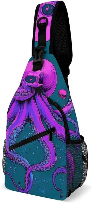 Supdreamc Men's Sling Bag Backpack Foldable Breathable Chest Sling Shoulder Backpacks Bags - Octopus Skull Art Multipurpose Anti-Theft Backpacking Bookbag