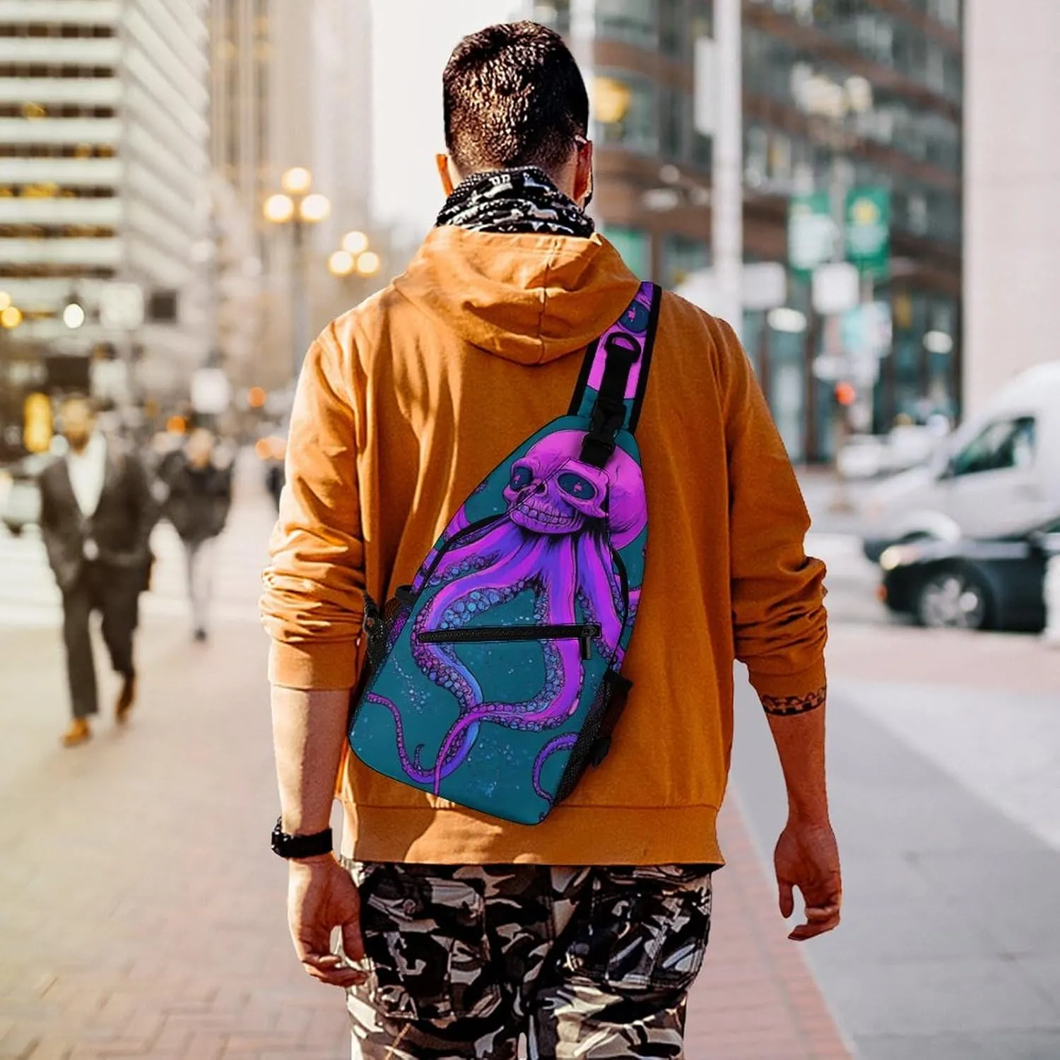 Supdreamc Men's Sling Bag Backpack Foldable Breathable Chest Sling Shoulder Backpacks Bags - Octopus Skull Art Multipurpose Anti-Theft Backpacking Bookbag