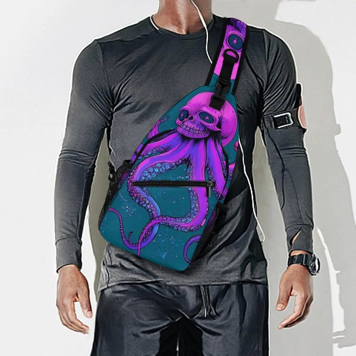 Supdreamc Men's Sling Bag Backpack Foldable Breathable Chest Sling Shoulder Backpacks Bags - Octopus Skull Art Multipurpose Anti-Theft Backpacking Bookbag