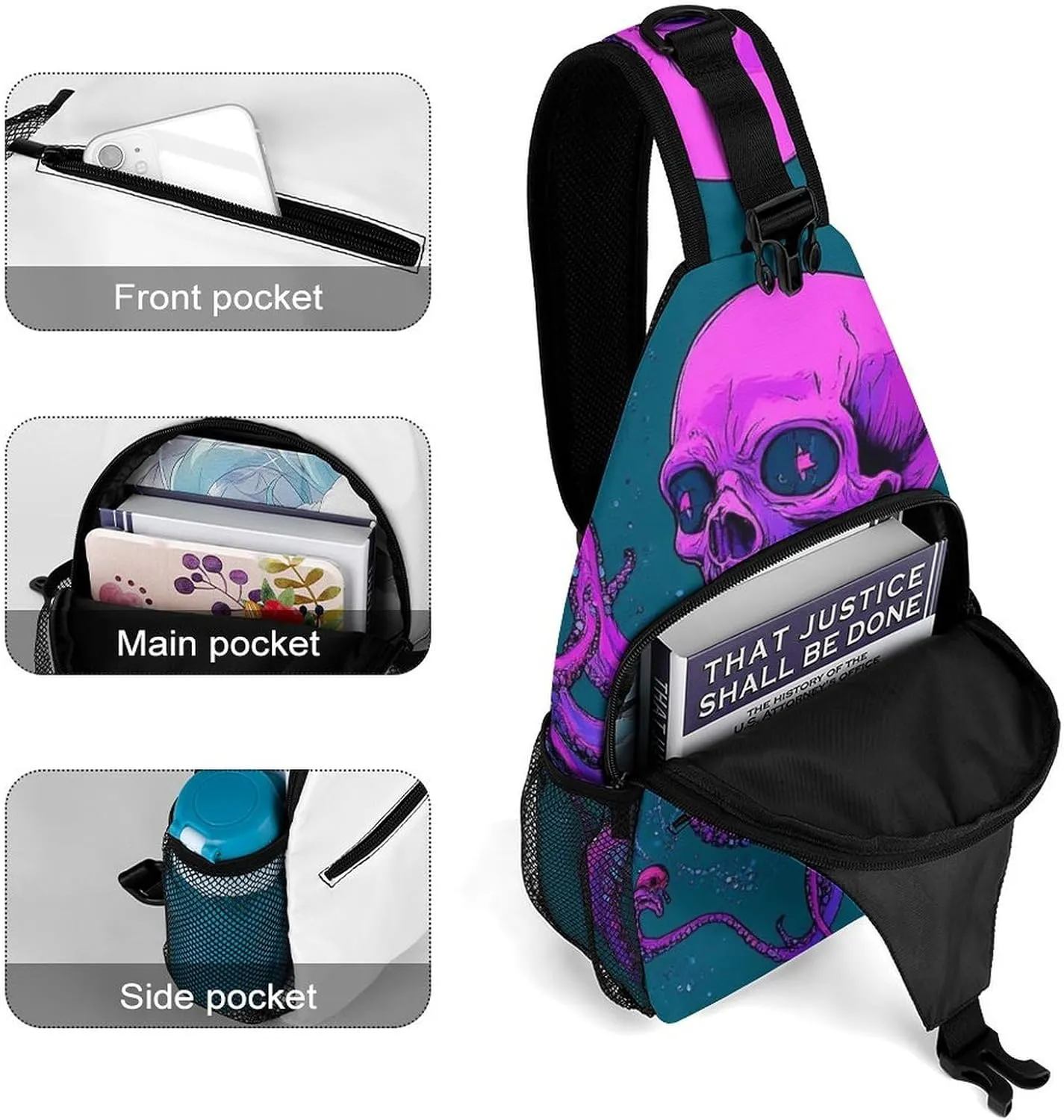 Supdreamc Men's Sling Bag Backpack Foldable Breathable Chest Sling Shoulder Backpacks Bags - Octopus Skull Art Multipurpose Anti-Theft Backpacking Bookbag