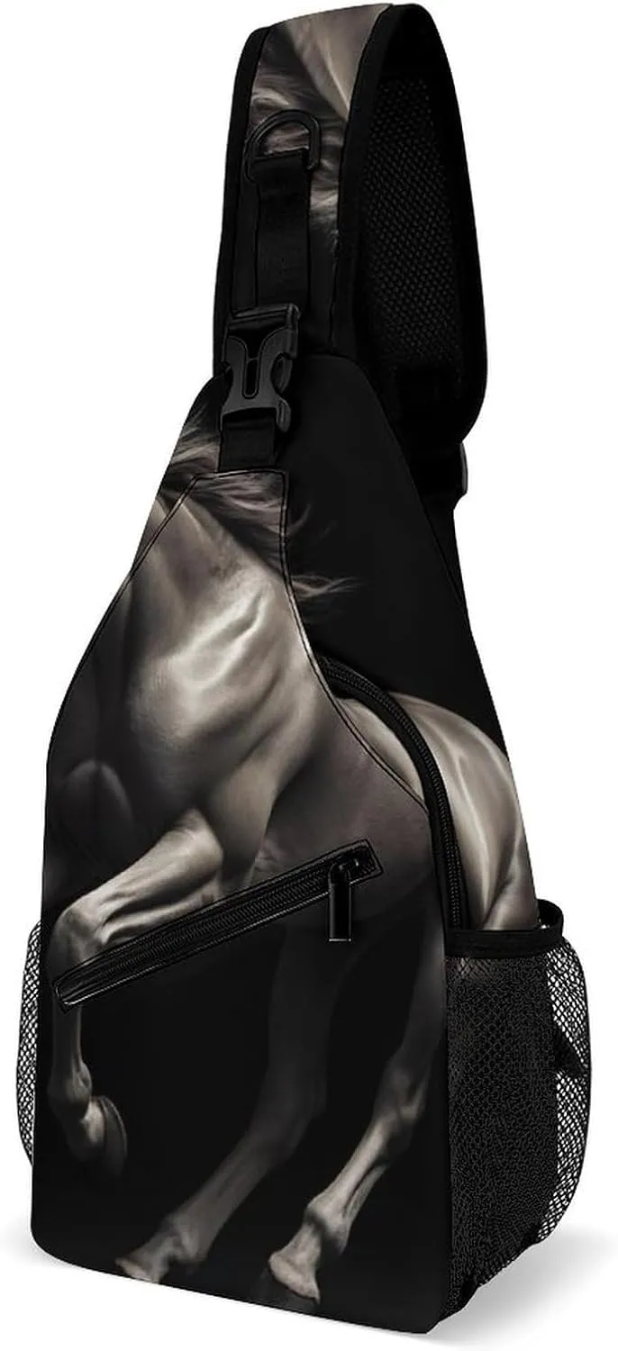 Supdreamc Sling Shoulder Backpack for Men Women Multipurpose Anti-Theft Outdoor Sport Daypack Travel Bag Tactical Satchel, Animal Black Wild Horse Crossbody Rucksack