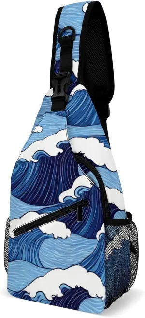 Supdreamc Sling Shoulder Backpack for Women Men Multipurpose Anti-Theft Casual Carrying Tote Case Crossbody Travel Bag Tactical Satchel, Japanese Ocean Sea Blue Wave Rucksack