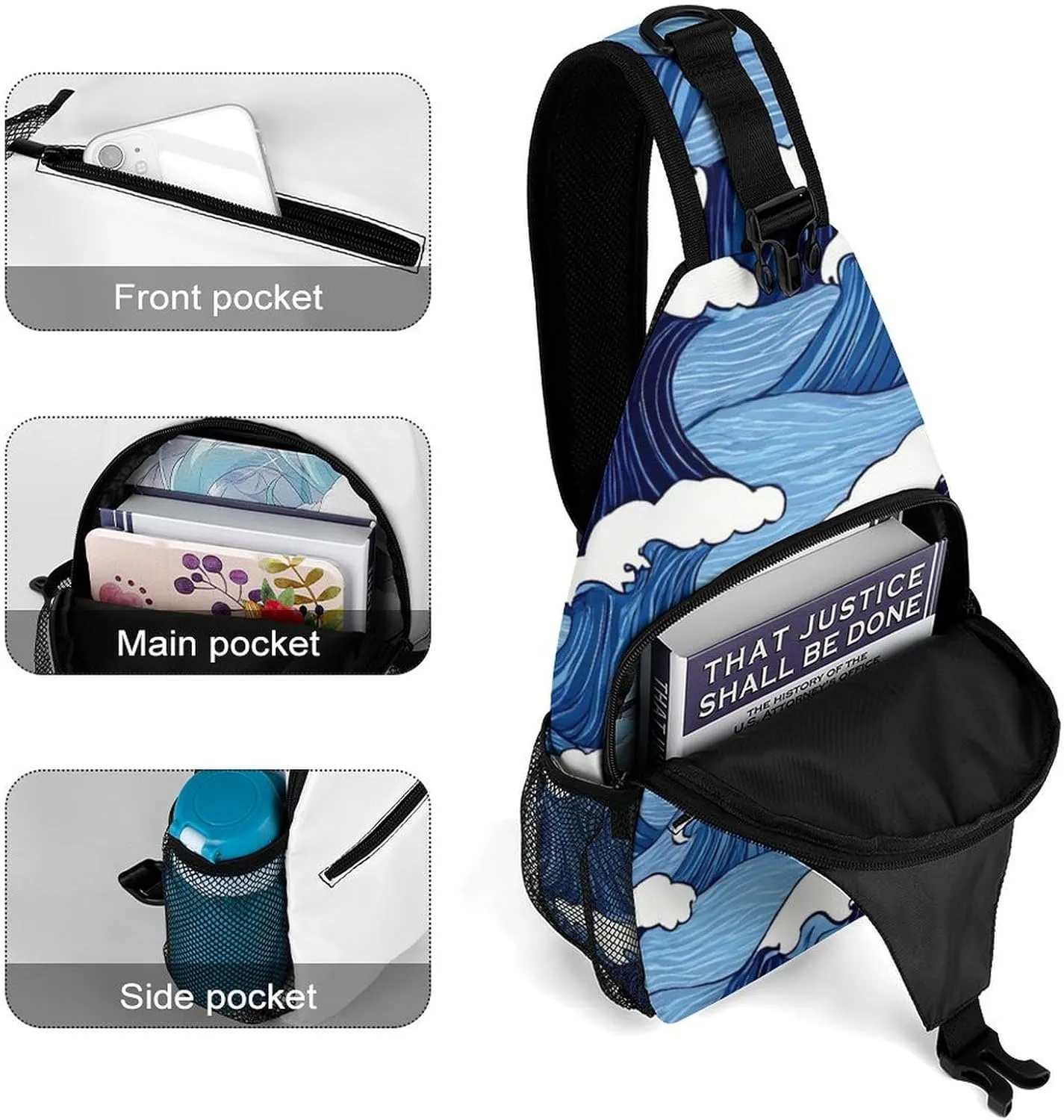 Supdreamc Sling Shoulder Backpack for Women Men Multipurpose Anti-Theft Casual Carrying Tote Case Crossbody Travel Bag Tactical Satchel, Japanese Ocean Sea Blue Wave Rucksack