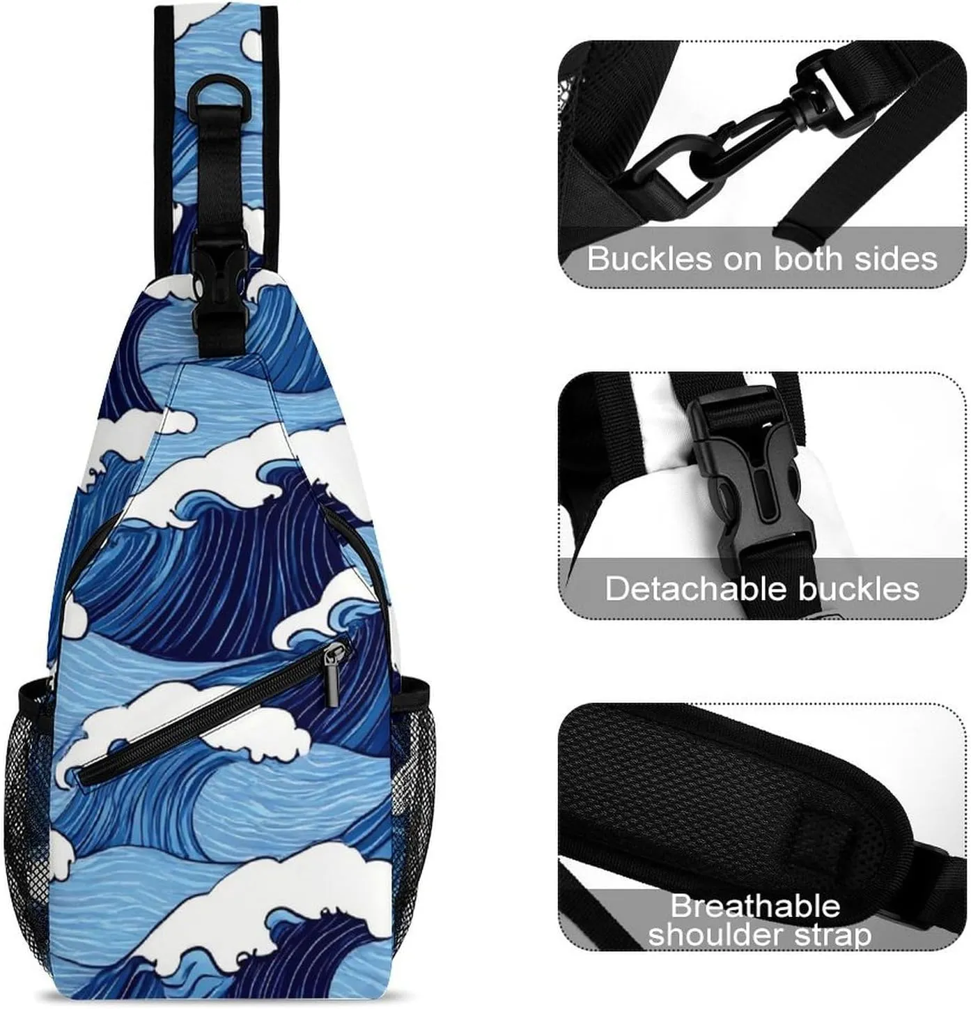 Supdreamc Sling Shoulder Backpack for Women Men Multipurpose Anti-Theft Casual Carrying Tote Case Crossbody Travel Bag Tactical Satchel, Japanese Ocean Sea Blue Wave Rucksack