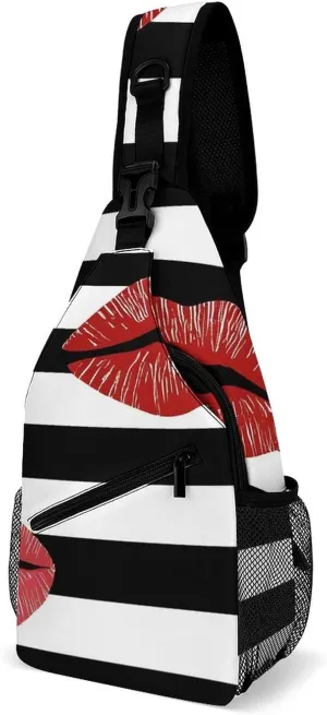 Supdreamc Ultra Lightweight Sling Bag Backpack Shoulder Crossbody Bag Chest Pack Anti-Theft Multipurpose Bag for Outdoor Cycling Hiking Travel (Black White Stripes Sexy Red Lips)