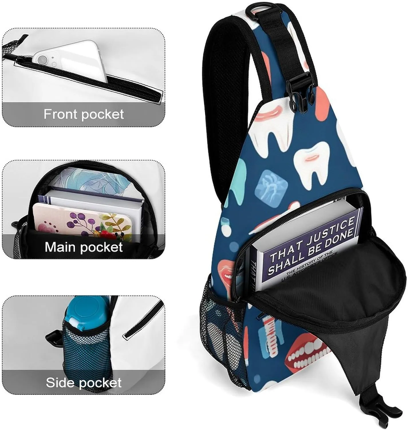 Supdreamc Ultra Lightweight Sling Shoulder Backpack Shoulder Chest Crossbody Bag Multipurpose Anti-Theft Daypack for Hiking Cycling Camping Travel, Teeth Dental Pattern Bookbag