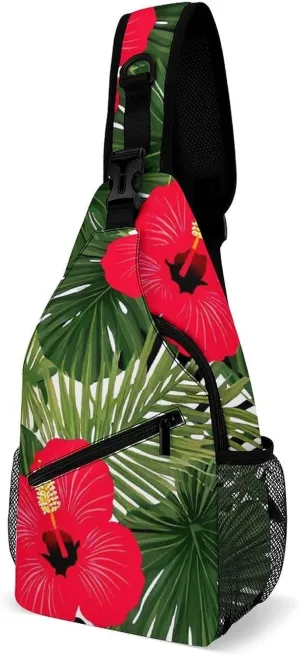 Supdreamc Ultra Lightweight Sling Shoulder Backpack Shoulder Chest Crossbody Bag Multipurpose Anti-Theft Daypack for Hiking Cycling Camping Travel, Tropical Palm Leaves Hibiscus Bookbag
