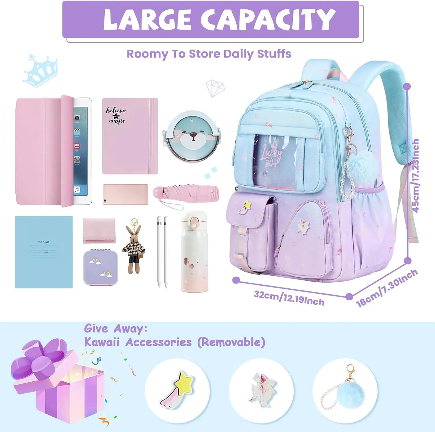 Sweet Gradient Color School Backpack for Girls, Kawaii Girls Backpack Kids Bookbag, Elementary Middle Schoolbag ，Blue-Purple