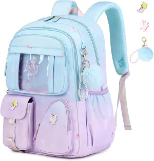 Sweet Gradient Color School Backpack for Girls, Kawaii Girls Backpack Kids Bookbag, Elementary Middle Schoolbag ，Blue-Purple