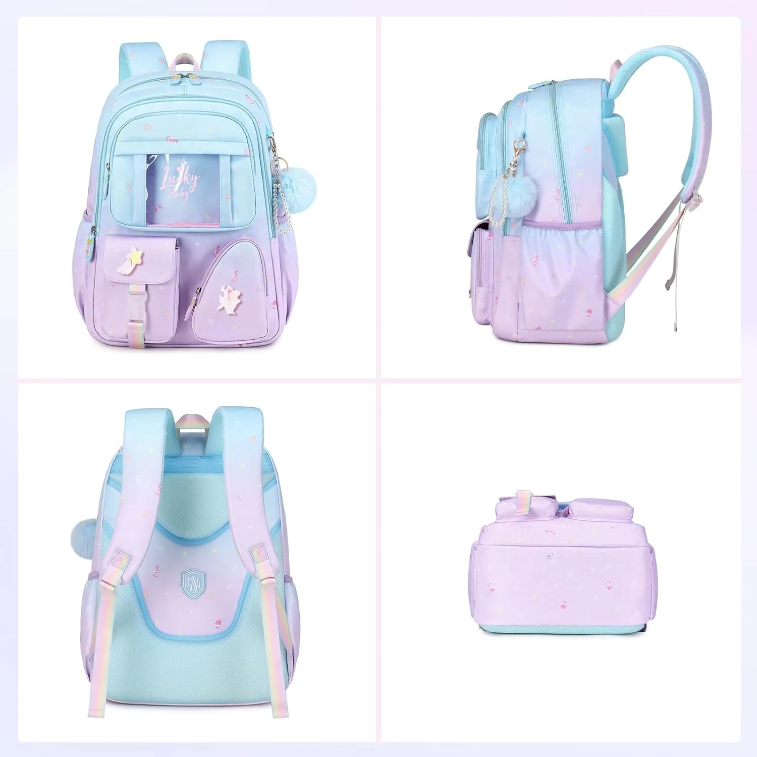 Sweet Gradient Color School Backpack for Girls, Kawaii Girls Backpack Kids Bookbag, Elementary Middle Schoolbag ，Blue-Purple