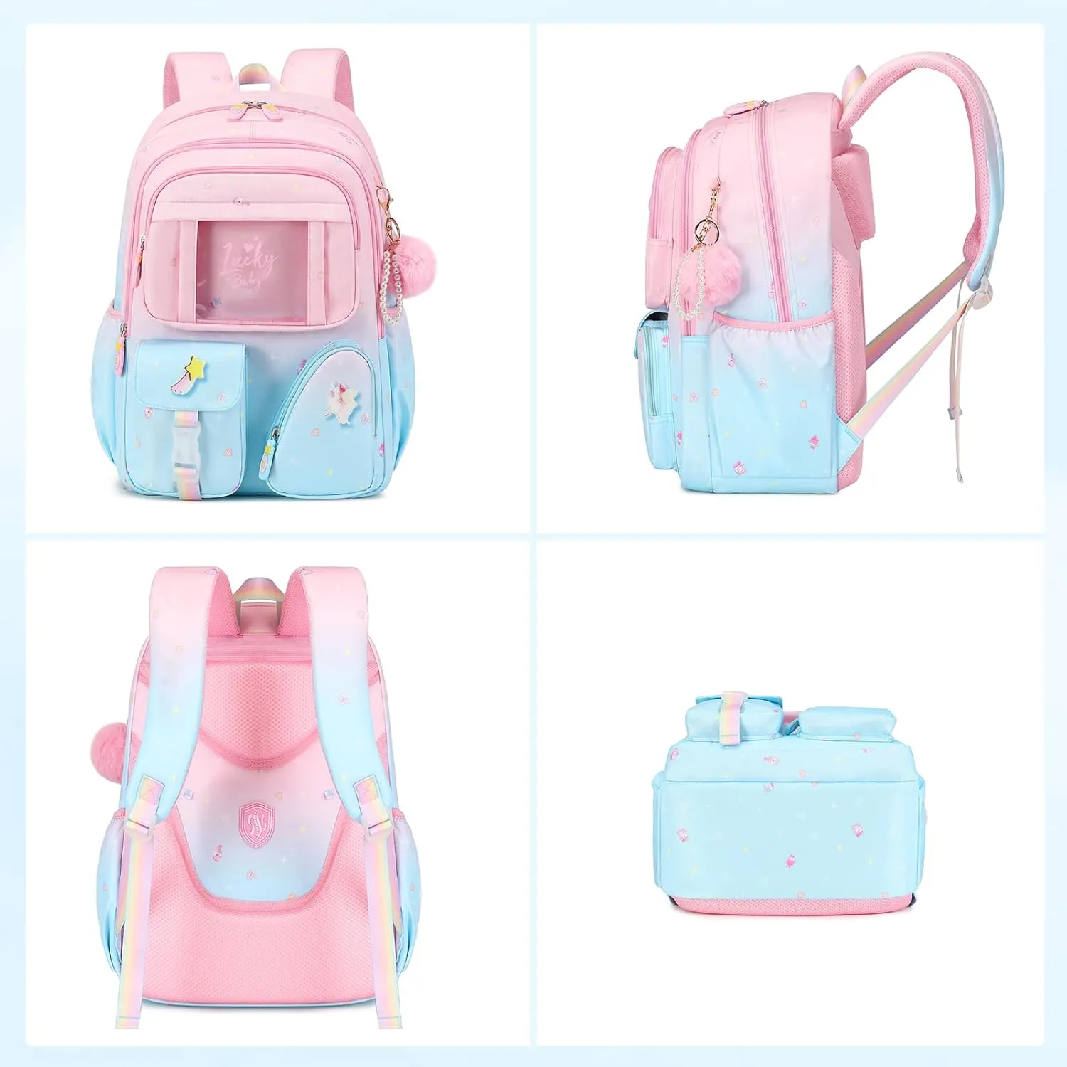 Sweet Gradient Color School Backpack for Girls, Kawaii Girls Backpack Kids Bookbag, Elementary Middle Schoolbag, Pink/Blue