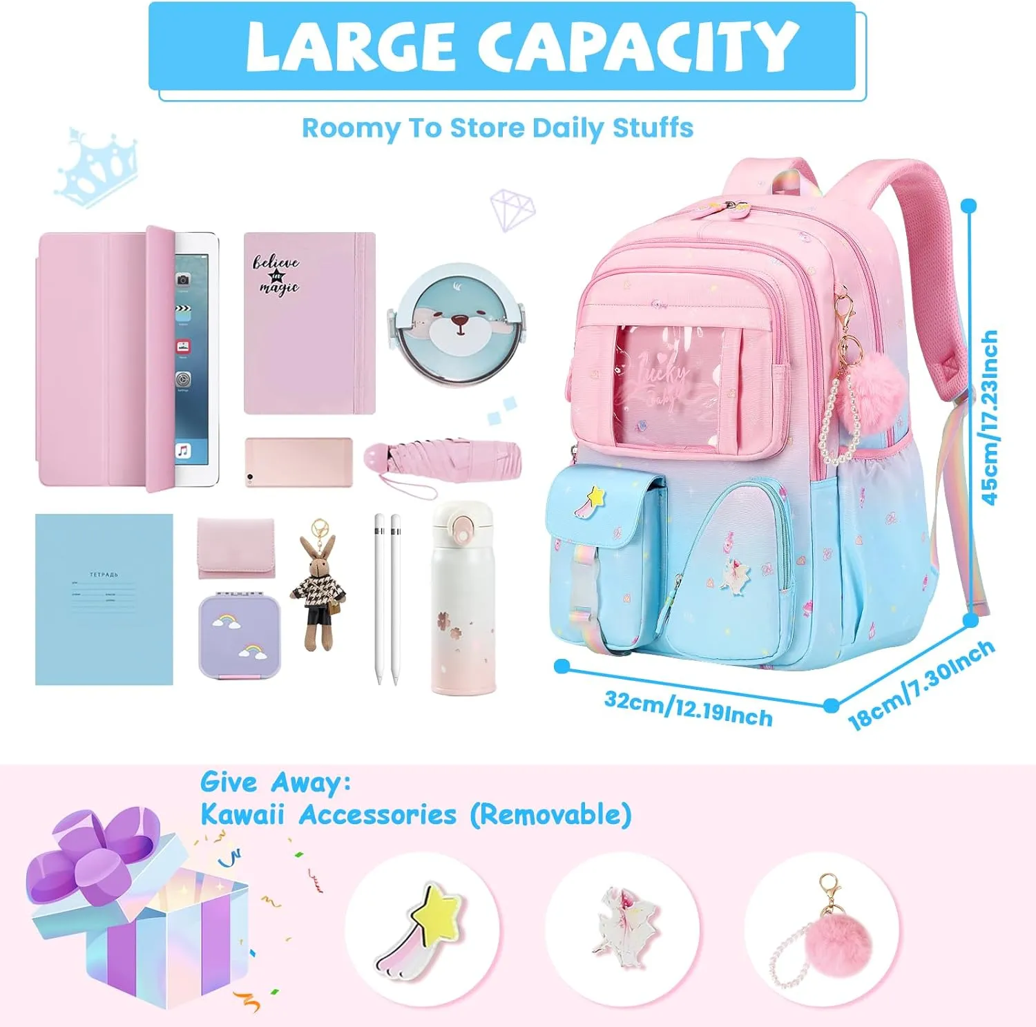 Sweet Gradient Color School Backpack for Girls, Kawaii Girls Backpack Kids Bookbag, Elementary Middle Schoolbag, Pink/Blue