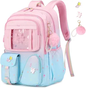 Sweet Gradient Color School Backpack for Girls, Kawaii Girls Backpack Kids Bookbag, Elementary Middle Schoolbag, Pink/Blue
