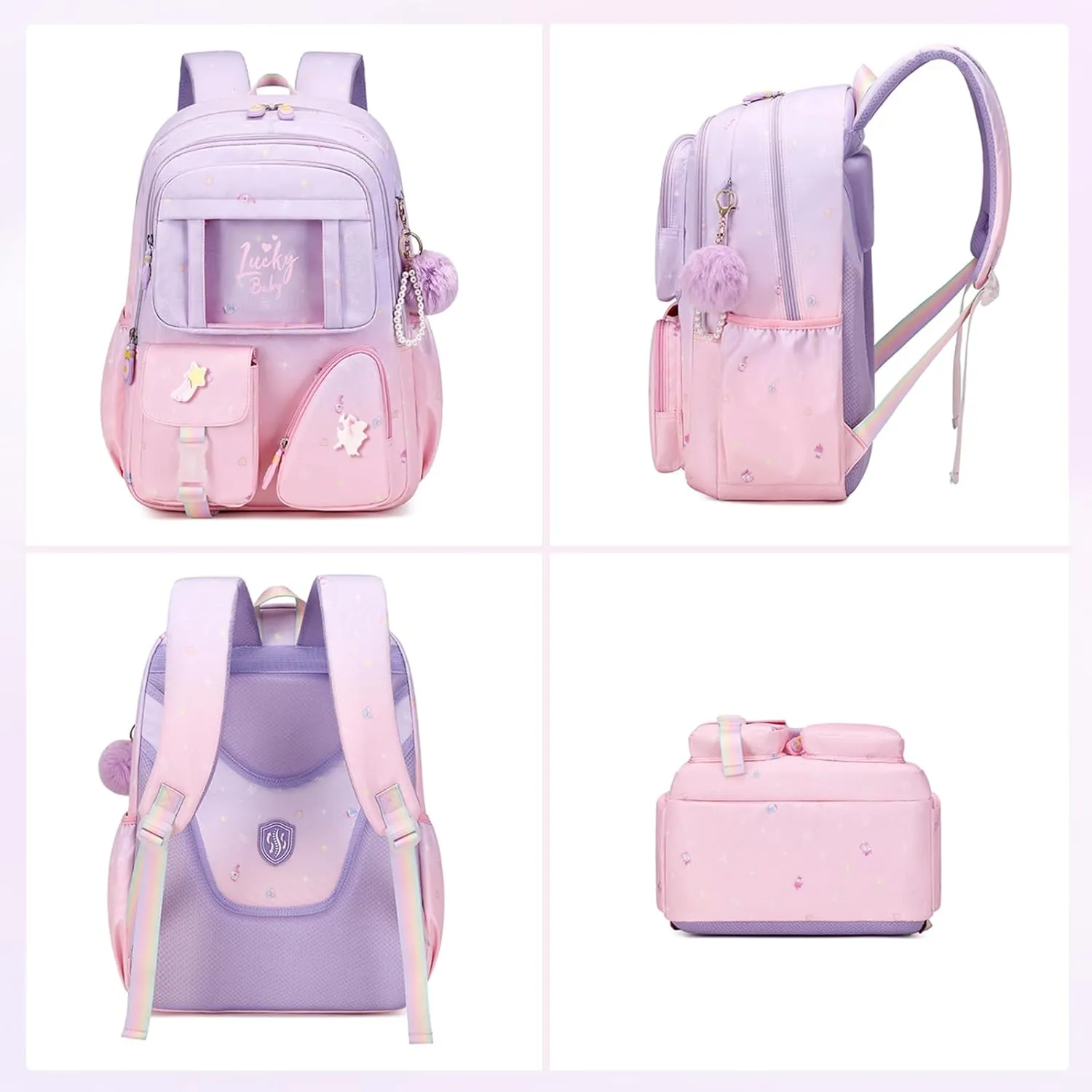 Sweet Gradient Color School Backpack for Girls, Kawaii Girls Backpack Kids Bookbag, Elementary Middle Schoolbag ，Purple/Pink