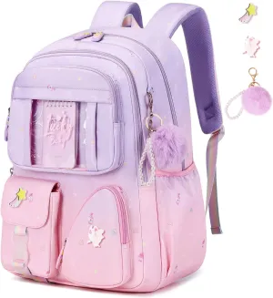 Sweet Gradient Color School Backpack for Girls, Kawaii Girls Backpack Kids Bookbag, Elementary Middle Schoolbag ，Purple/Pink