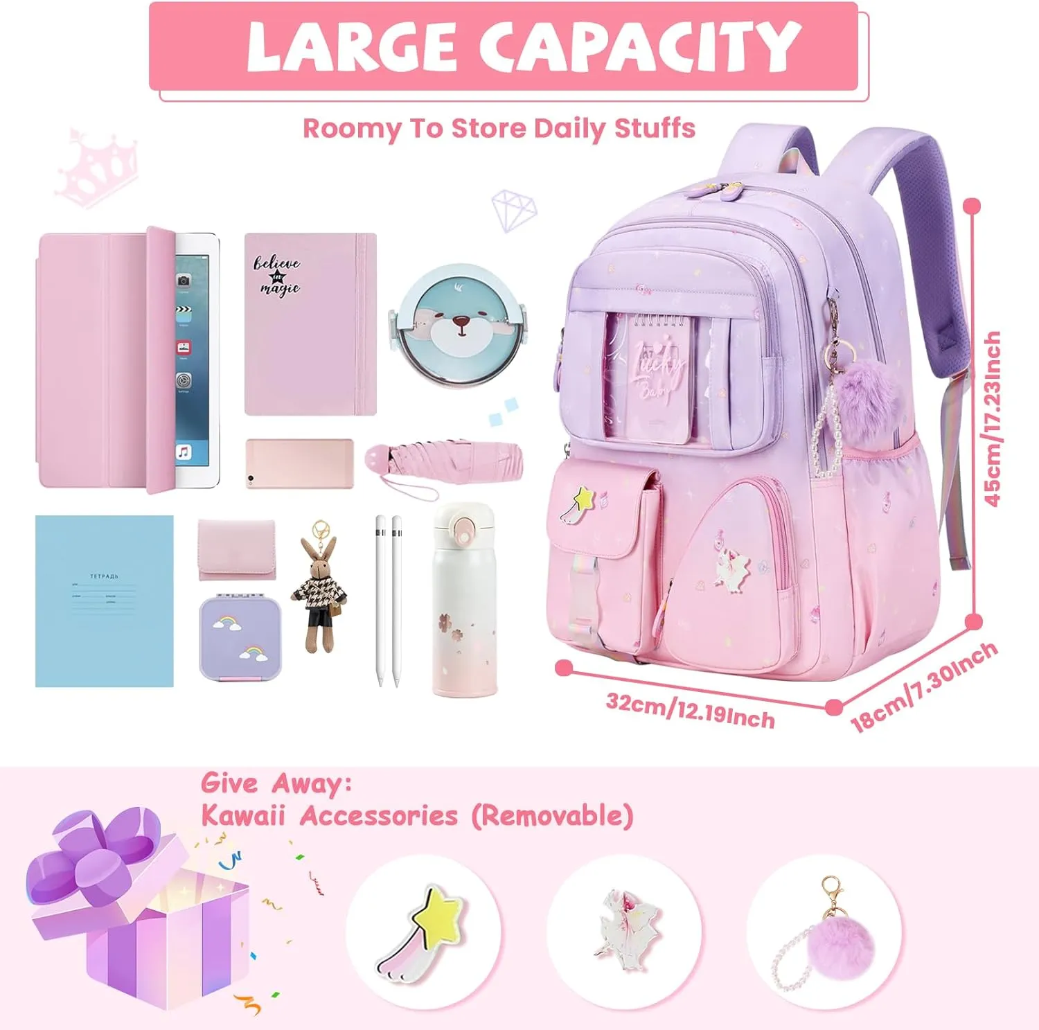 Sweet Gradient Color School Backpack for Girls, Kawaii Girls Backpack Kids Bookbag, Elementary Middle Schoolbag ，Purple/Pink