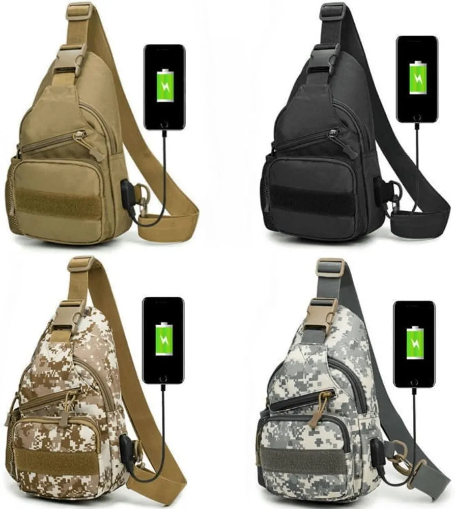 Tactical Sling Backpack for Men, Multifunctional Gym Cycling Shoulder Bag with USB Charging Port, Travel Crossbody Bag (Camouflage Grey)