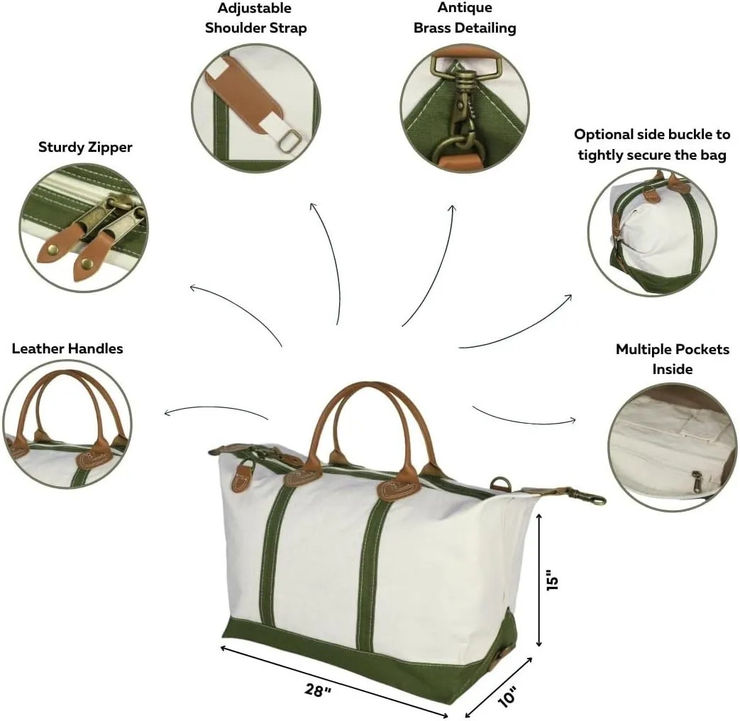 Tag&Crew Weekender Signature Duffle 20 Oz. Heavy Canvas Leather Handle Bag with Detachable Shoulder Strap Ideal for Overnight Travel Business Trip Vacations - Large, Olive