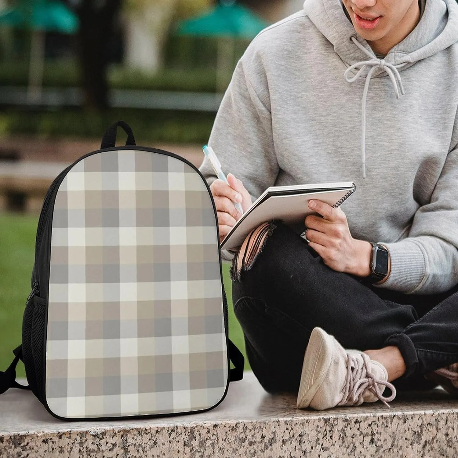 Tan Gray Ivory Neutral Rustic Plaid Backpack Lightweight Waterproof Backpacks Laptop Backpack for Unisex Casual Travel Daypacks Large Capacity